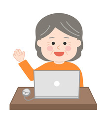 Elderly woman having a video call on laptop. Vector illustration isolated on white background.
