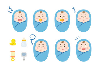 Set of newborn baby boys swaddled in a blanket with baby goods. Vector illustration without main lines.