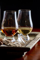 Glasses of scotch whisky served in bar in Edinburgh, Scotland, UK