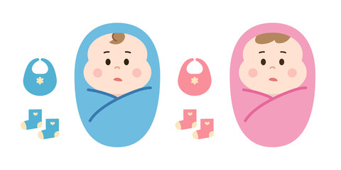 Newborn babies swaddled in a blanket with baby clothes.