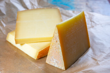Cheese collection, French comte and Swiss gruyere cheeses