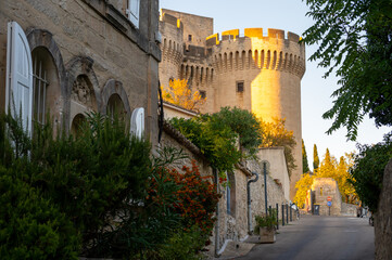 Old buildings and narrow streets in medieval town Villeneuve les Avignon in summer - obrazy, fototapety, plakaty