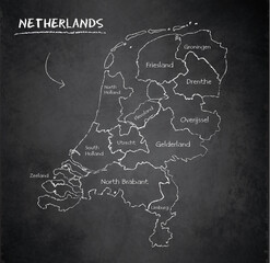Netherlands map, administrative division separates regions and names, design card blackboard chalkboard vector