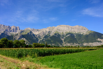 Panoramic view on Breche de Faraut mountain range in French Prealps in summer