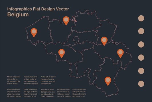Infographics Belgium map outline, flat design, color blue orange vector
