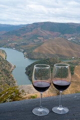 Tasting of Portuguese red dry wine, produced in Douro Valley and Douro river and terraced vineyards on background in autumn, Portugal
