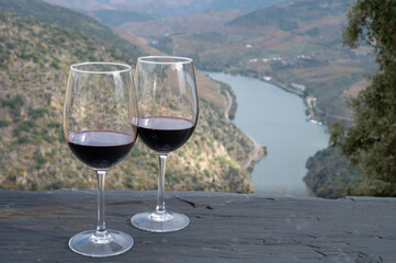 Tasting of Portuguese red dry wine, produced in Douro Valley and Douro river and terraced vineyards on background in autumn, Portugal
