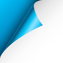 Blue paper curl. Curled page corner with shadow. Blank sheet of paper. Colorful shiny foil. Design element for advertising and promotion. Vector illustration.