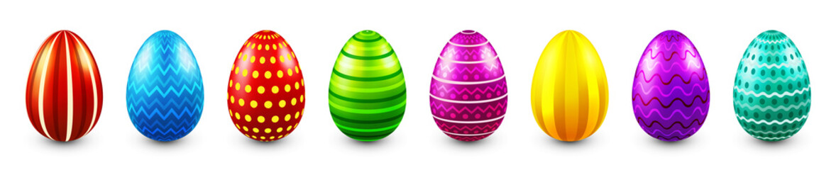Colorful Easter eggs isolated on white background. Seasonal spring decoration element. Egg hunt game. Vector illustration.