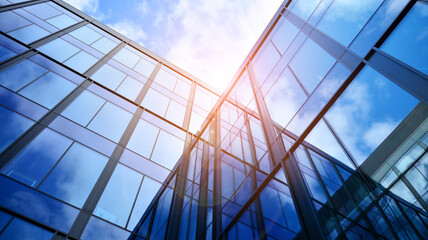 Modern office building with glass facade on a clear sky background. Transparent glass wall of office building.