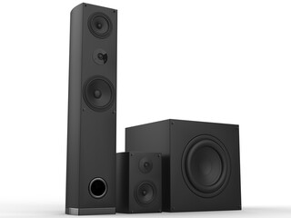 Obraz premium Tower speaker, mid range speaker and a sub woofer loudspeaker - side view