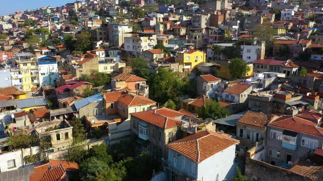 Aerial view of old town with damaged houses.