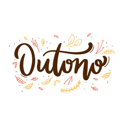 Outono. Autumn. Brazilian Portuguese Hand Lettering with leaf hand draw for seasons. Vector.