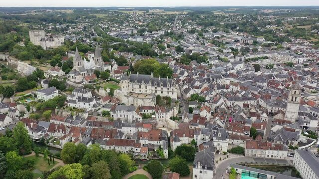 Aerial view of historic center of Loches town overlooking ancient Chateau of Anjou family with collegiate church, royal lodge and donjon, France
