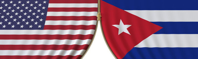 Flags of United States and Cuba and closing or opening zipper between them. Political negotiations or interaction conceptual 3D rendering © Alexey Novikov