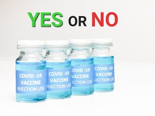 Phrase YES NO on white background with a row of Covid 19 vaccines.