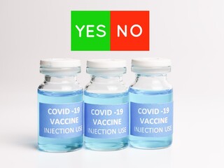 Phrase YES NO on white background with a row of Covid 19 vaccines.