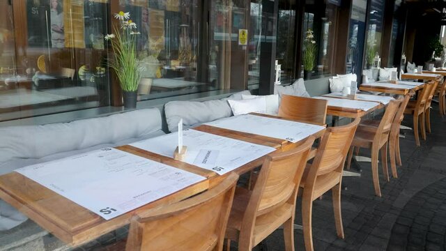 Closed restaurant due to coronavirus pandemic in Warsaw city, Poland, 4k video