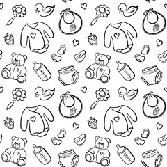 Cartoon newborn baby clothes toys things monochrome black and white line art vector seamless pattern texture background