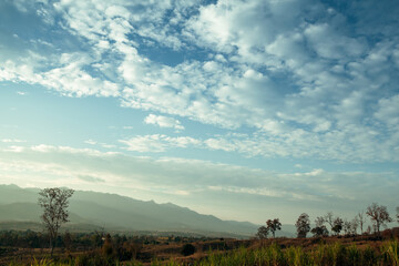 View of mountain landscape during a beautiful sunset. Pai, Thailand.