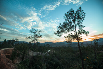 Fototapeta na wymiar View of mountain landscape during a beautiful sunset. Nord Thailand.