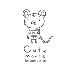 Vector card with  cute cartoon mouse in dress. Doodle animal poster. Funny fashion print. Childrens contour illustration.