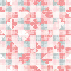 Seamless pattern with four leaf clover symbols and dots. Regularly repeating geometric flower shapes for wallpaper, interior fabrics, prints and stationery.