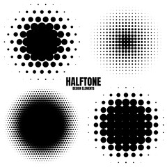 Circle halftone design elements with black dots isolated on white background. Comic dotted pattern.Vector illustration.