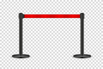 Realistic retractable belt stanchion on transparent background. Crowd control barrier posts with caution strap. Queue lines. Restriction border and danger tape. Vector illustration.