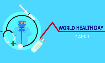 A vector of Covid-19 medical doctor praying with syringe, vaccine bottle and World Health Day 7 April word.
