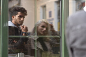 couple looking out window