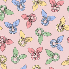 Cute colorful vector scrunchie bow elements random placed as seamless repeat pattern. AOP with background.
