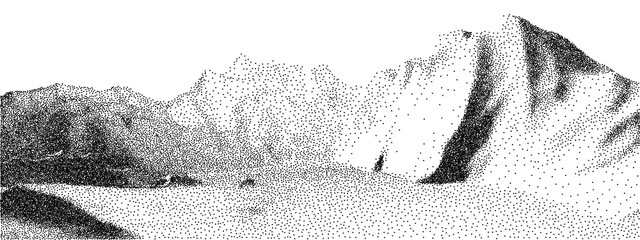 Dot stipple landscape mountains. Vector landscape in dotwork style. Black and white grainy dotwork design. Pointillism graphic.