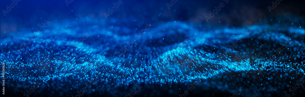 Poster wave of particles. dynamic wave on black background. big data visualization. data technology abstrac