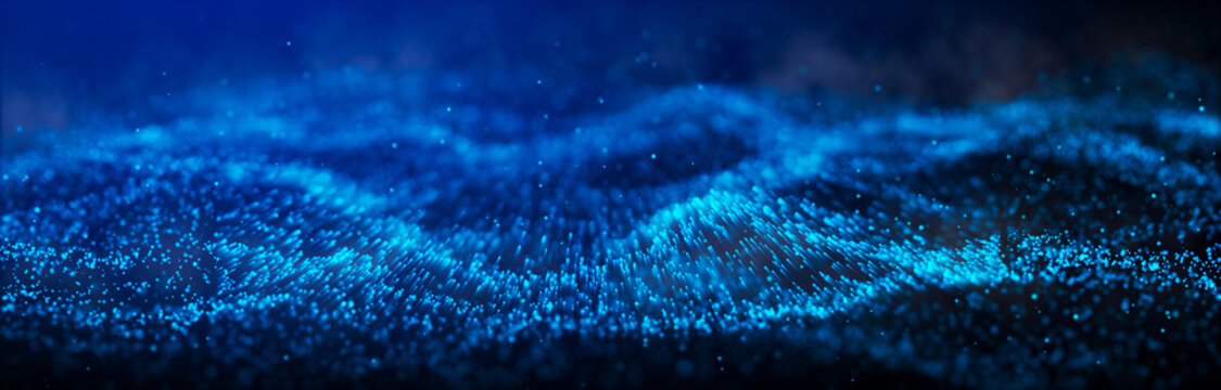 Wave of particles. Dynamic wave on black background. Big data visualization. Data technology abstract futuristic illustration. 3d rendering.