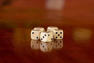 Closeup in six dices in wooden table with reflection. Brazilian game aka Bozó.