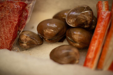 ostras congeladas, Cangrejos congelados, pescado en mercado, congelado, sabroso, fresco, salmon congelado