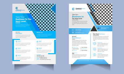 Obraz premium Corporate Business flyer template vector design, Flyer Template Geometric shape used for business poster Graphic design layout, IT Company flyer with blue geometric shapes.