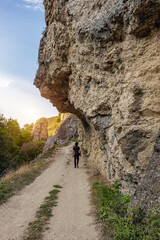Fototapeta na wymiar Lonely man, tourist or hiker walking on a pathway under the beautiful rock formation. View from behind, vertical image.