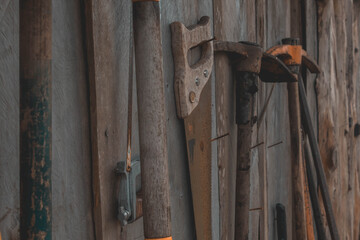 old wooden door, tools