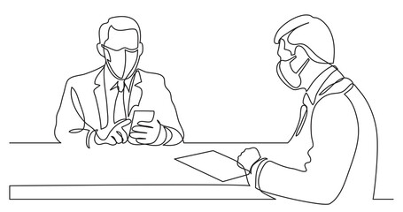 business partners wearing face masks discussing details of work contract - single line drawing