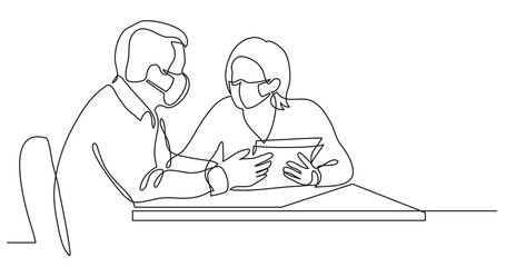 senior man and woman having conversation together wearing face masks - one line drawing