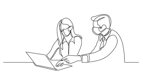 manager helping employee pointing at laptop computer wearing face masks - one line drawing
