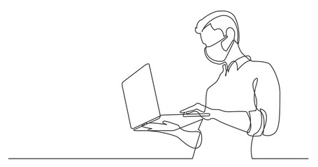 continuous line drawing of man watching laptop computer wearing face mask