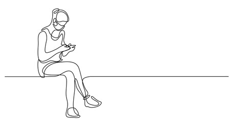 continuous line drawing of young woman sitting and reading her cell phone wearing face mask