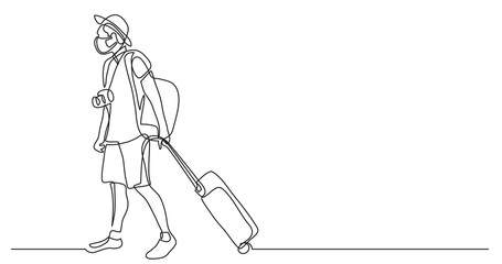 continuous line drawing of young traveler rolling bag on wheels wearing face mask