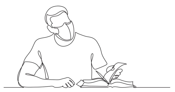 continuous line drawing of man studying reading book wearing face mask