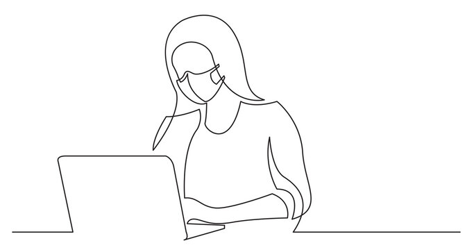 recommend clip art: woman wearing face mask working on laptop computer - continuous line drawing
