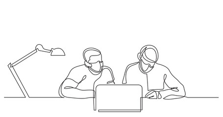 continuous line drawing of two coworkers working together with laptop computer wearing face masks