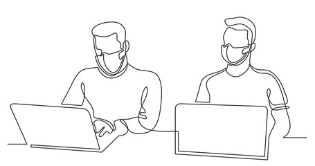 continuous line drawing of two coworkers working on laptops wearing face masks